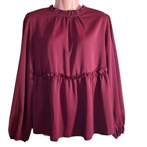 Shein Women's Maroon Blouse Long Sleeve Round Neck Ruffle Size 8/10